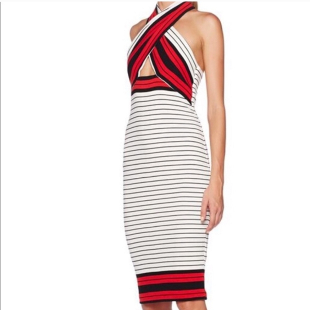 Bec & Bridge Beau Cross Halter Dress Striped Pencil Dress Size 8